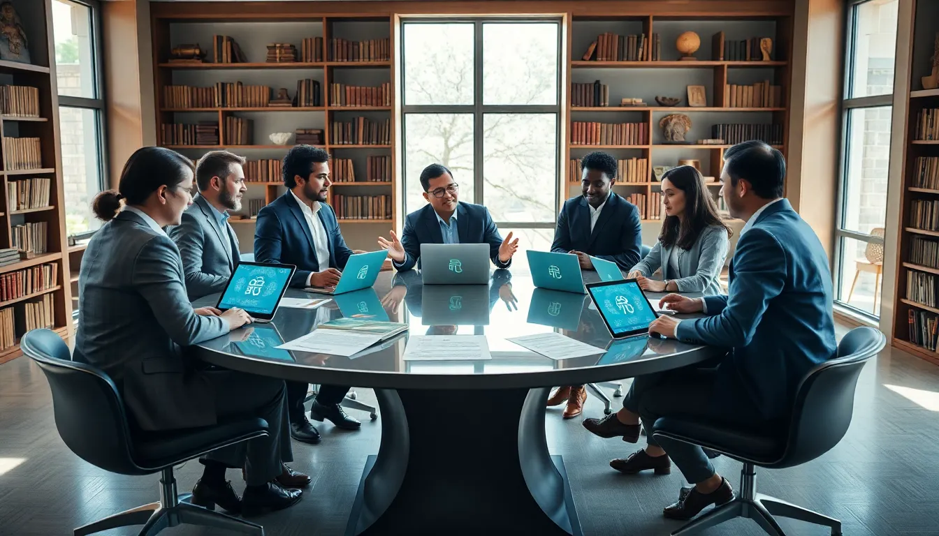 diverse scholars discussing historical significance of θναλομε in a modern setting.